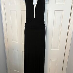 Vince Camuto Black Sheath Maxi Dress with White Keyhole Trim at Neckline